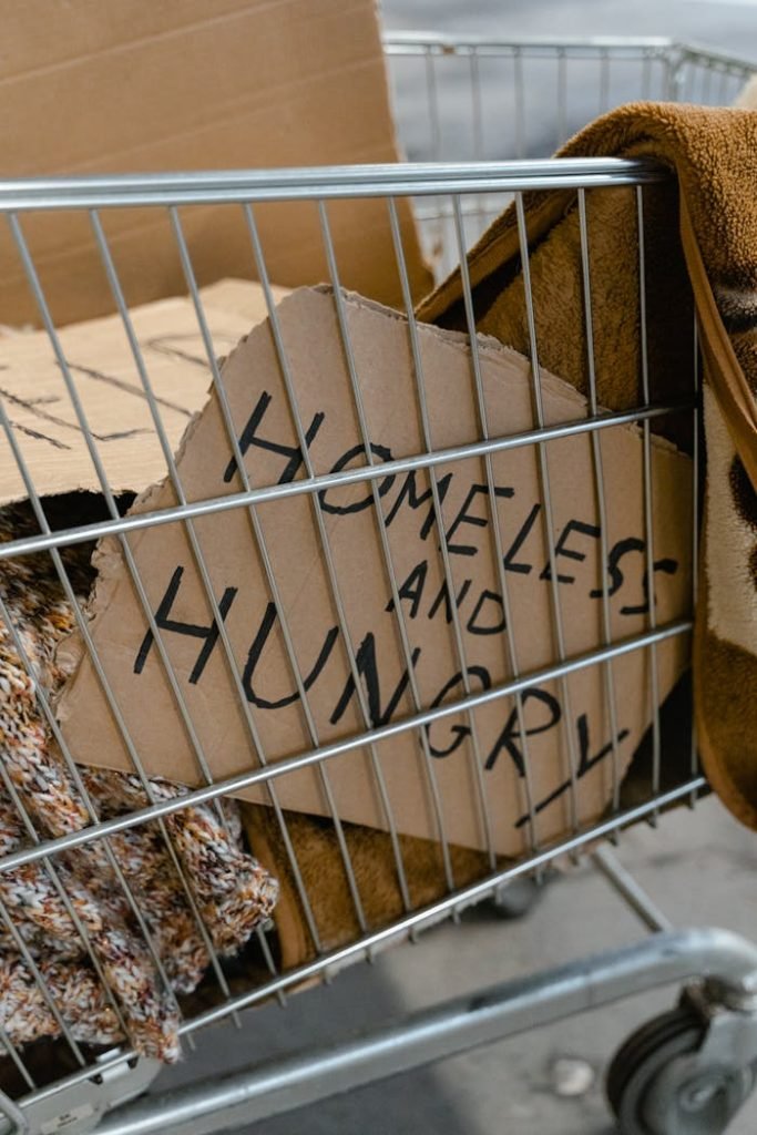Shopping cart filled with blankets and a Homeless and Hungry sign, symbolizing poverty.